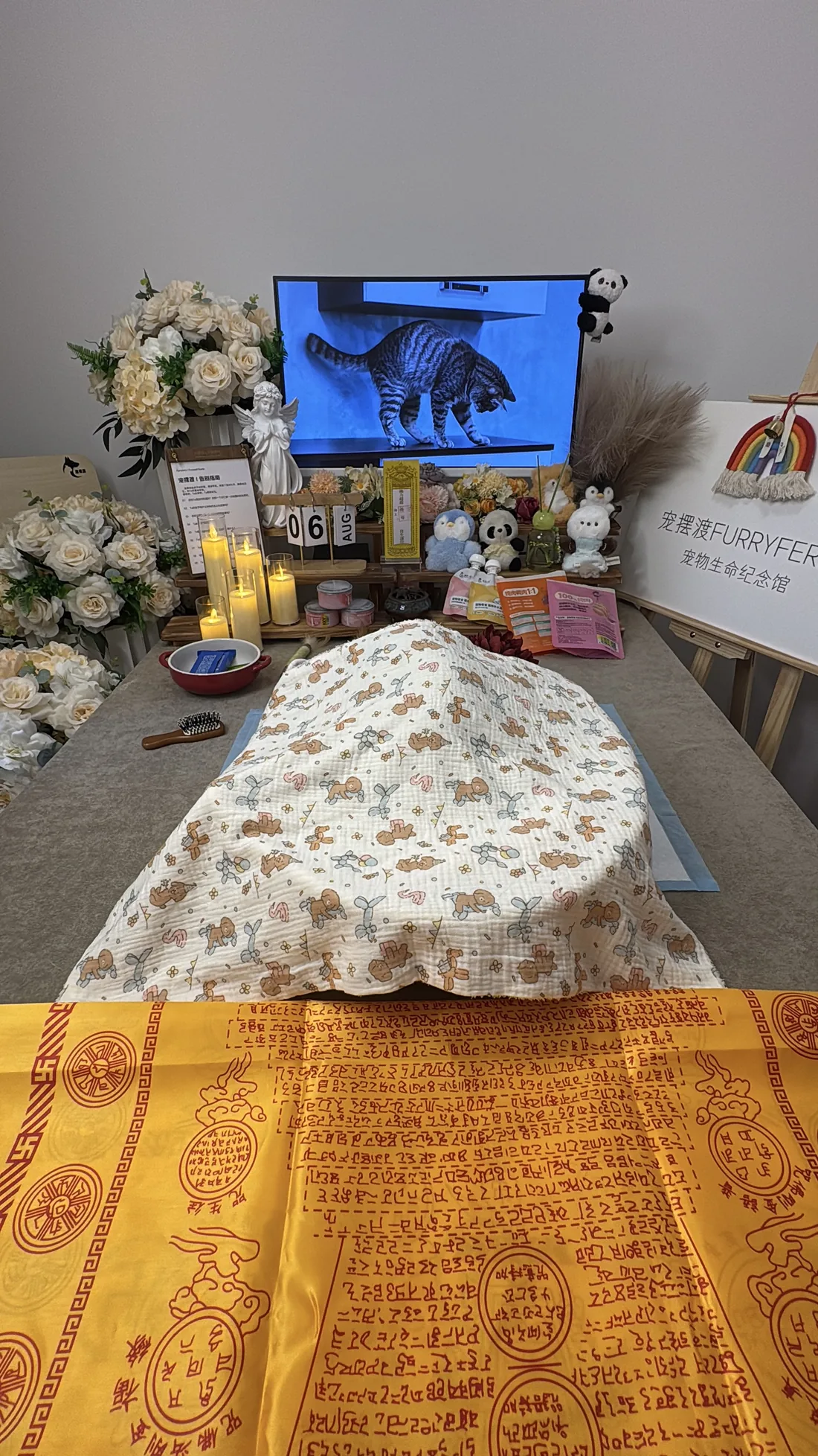 天津宠物告别仪式中的鲜花与纪念照片